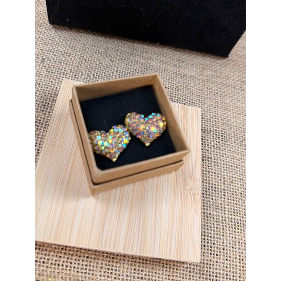 Glitter Gold Heart Stud Earrings Sparkling Rhinestones - Picture 4 of 5